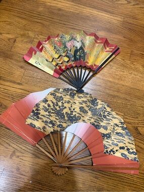 Vintage Decorative Asian Folding Fans - Gold, Red, Navy Floral Designs